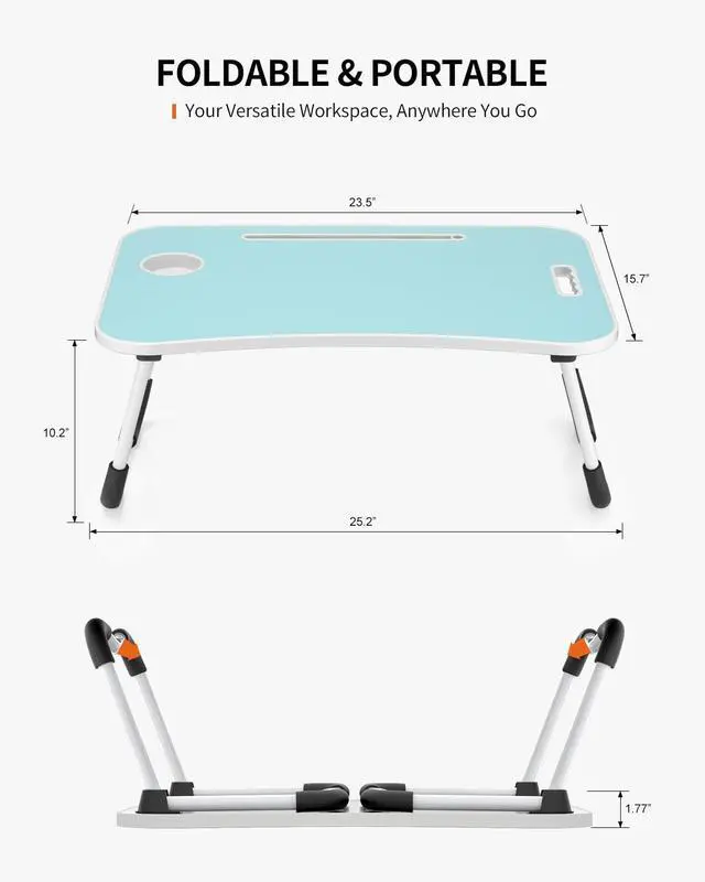 Alt view image 6 of 6 - Foldable Laptop Table, Portable Lap Desk Bed Table Tray, Laptop Stand with Cup Holder & Tablet Slot & Lifting Handle for Working Writing Drawing & Eating (Blue)