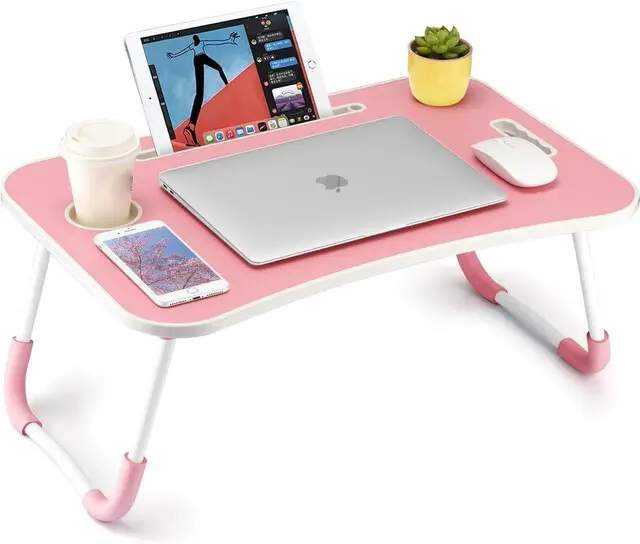 Main image of Foldable Laptop Table, Portable Lap Desk Bed Table Tray, Laptop Stand with Cup Holder & Tablet Slot & Lifting Handle for Working Writing Drawing & Eating (Pink)