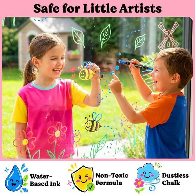 Alt view image 7 of 7 - 48 Chalk Markers for Chalkboard, Glass & Mirror - Dot + Brush Tip 48 Colors - Washable, Non Toxic, No Prep - Fine Tip Erasable Liquid Chalk Pens for Blackboard, Car Window, Dry Erase Board