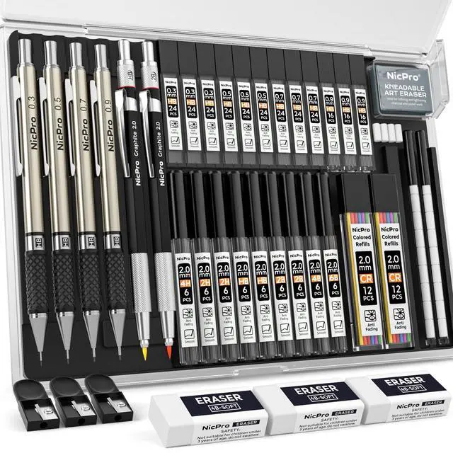 Main image of 37PCS Art Mechanical Pencil Set, 4PCS Metal Drafting Pencil 0.3mm, 0.5 mm, 0.7 mm, 0.9 mm & 2PCS 2mm Lead Holder (6B 4B 2B HB 2H 4H Colors) For Sketching Drawing With 23 Tube Lead Case
