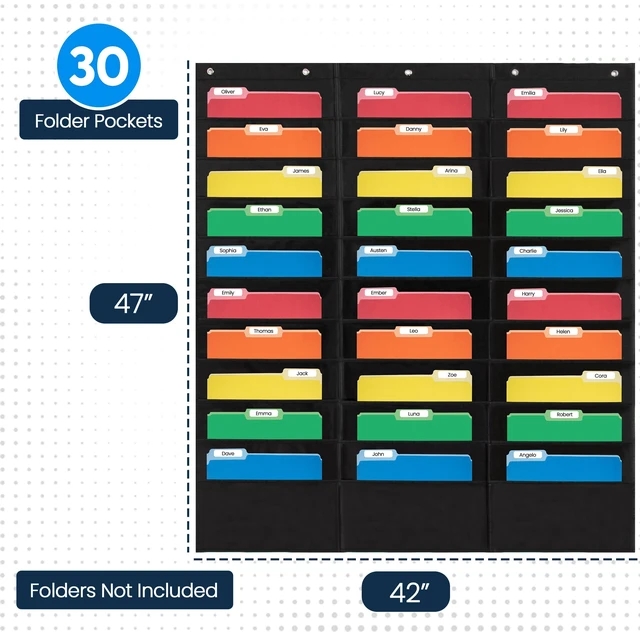 Alt view image 2 of 6 - 30 Pocket File Folder Pocket Chart, Black, 42" W x 47" T Versatile Wall Hanging File Folder Organizer for Classrooms, Offices, Home, and More - Wall Folder Organizer