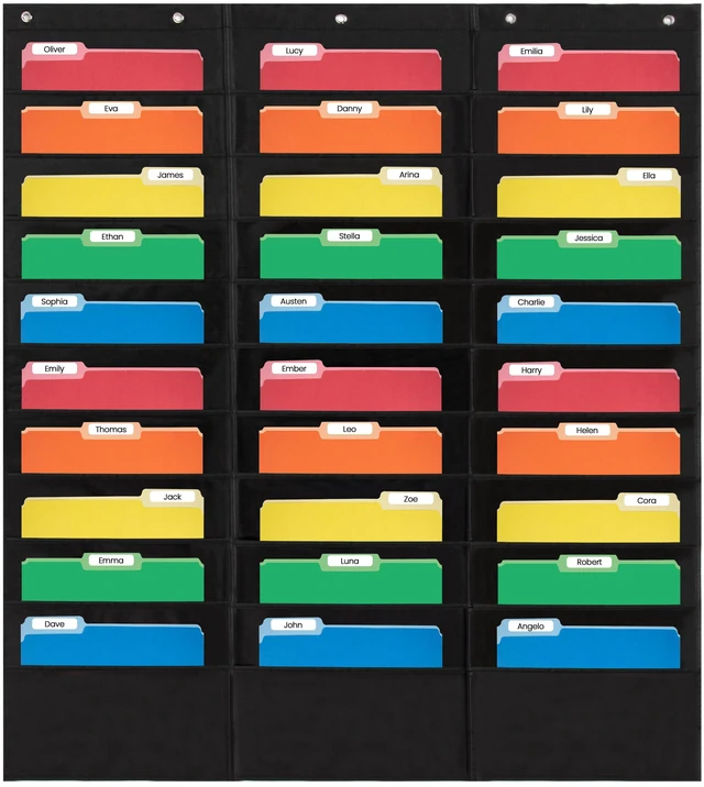 Main image of 30 Pocket File Folder Pocket Chart, Black, 42" W x 47" T Versatile Wall Hanging File Folder Organizer for Classrooms, Offices, Home, and More - Wall Folder Organizer
