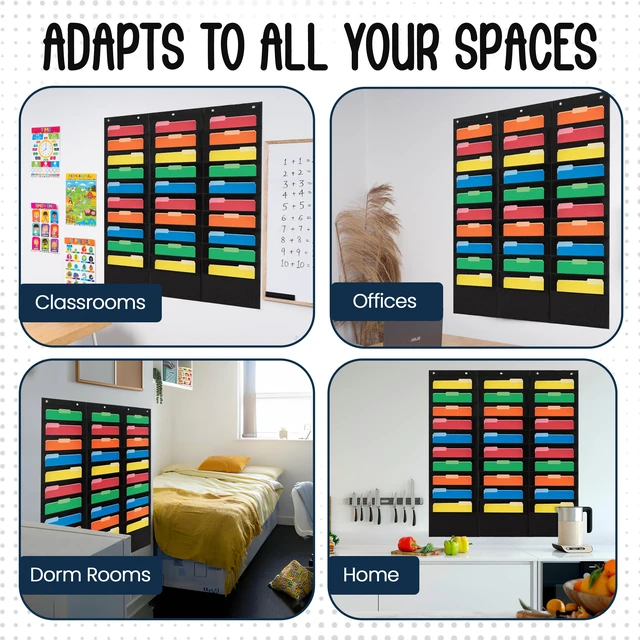 Alt view image 5 of 6 - 30 Pocket File Folder Pocket Chart, Black, 42" W x 47" T Versatile Wall Hanging File Folder Organizer for Classrooms, Offices, Home, and More - Wall Folder Organizer