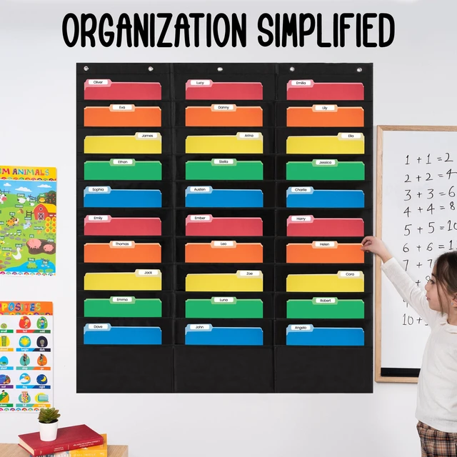 Alt view image 4 of 6 - 30 Pocket File Folder Pocket Chart, Black, 42" W x 47" T Versatile Wall Hanging File Folder Organizer for Classrooms, Offices, Home, and More - Wall Folder Organizer