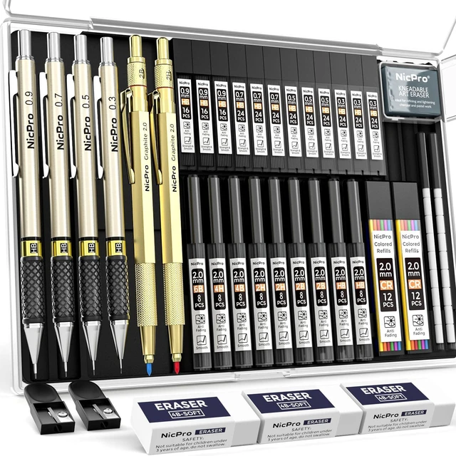 Main image of 37PCS Gold Art Mechanical Pencil Set, 0.3/0.5/0.7/0.9/2mm Point 360 Lead Refills(6B 4B 2B HB 2H 4H) 4 Erasers+18 Eraser Refills, Full Metal, School Supplies for Sketching Drawing Drafting
