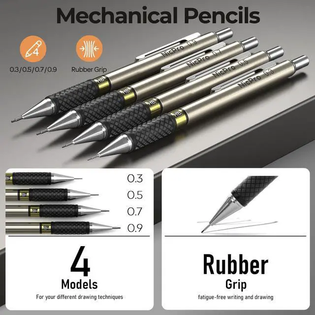 Alt view image 2 of 7 - 37PCS Gold Art Mechanical Pencil Set, 0.3/0.5/0.7/0.9/2mm Point 360 Lead Refills(6B 4B 2B HB 2H 4H) 4 Erasers+18 Eraser Refills, Full Metal, School Supplies for Sketching Drawing Drafting