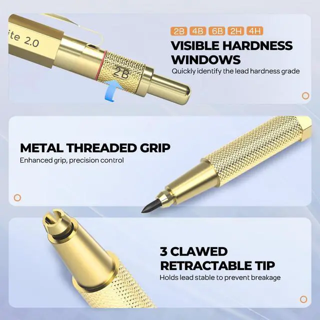 Alt view image 3 of 7 - 37PCS Gold Art Mechanical Pencil Set, 0.3/0.5/0.7/0.9/2mm Point 360 Lead Refills(6B 4B 2B HB 2H 4H) 4 Erasers+18 Eraser Refills, Full Metal, School Supplies for Sketching Drawing Drafting
