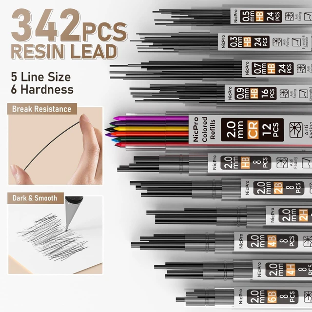 Alt view image 4 of 7 - 37PCS Gold Art Mechanical Pencil Set, 0.3/0.5/0.7/0.9/2mm Point 360 Lead Refills(6B 4B 2B HB 2H 4H) 4 Erasers+18 Eraser Refills, Full Metal, School Supplies for Sketching Drawing Drafting