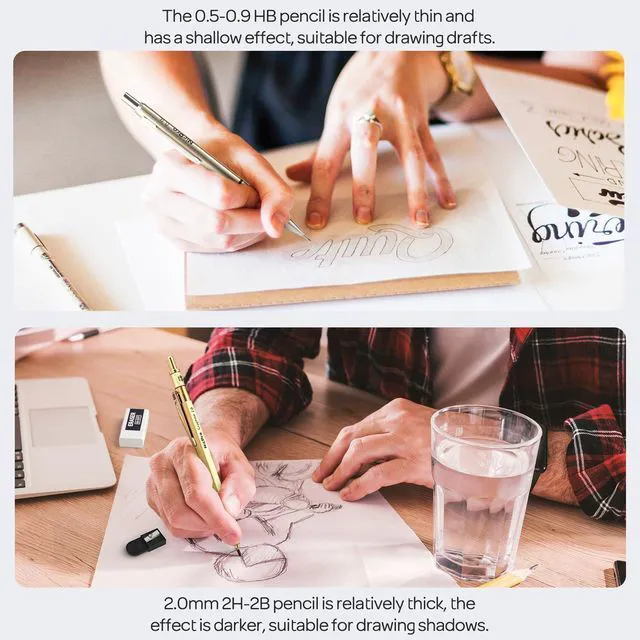 Alt view image 5 of 7 - 37PCS Gold Art Mechanical Pencil Set, 0.3/0.5/0.7/0.9/2mm Point 360 Lead Refills(6B 4B 2B HB 2H 4H) 4 Erasers+18 Eraser Refills, Full Metal, School Supplies for Sketching Drawing Drafting