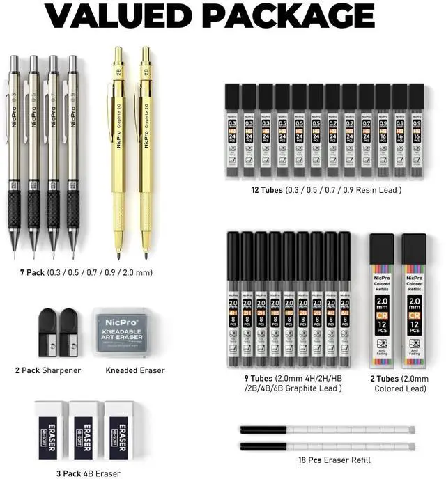 Alt view image 6 of 7 - 37PCS Gold Art Mechanical Pencil Set, 0.3/0.5/0.7/0.9/2mm Point 360 Lead Refills(6B 4B 2B HB 2H 4H) 4 Erasers+18 Eraser Refills, Full Metal, School Supplies for Sketching Drawing Drafting