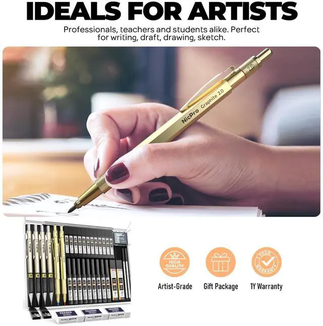 Alt view image 7 of 7 - 37PCS Gold Art Mechanical Pencil Set, 0.3/0.5/0.7/0.9/2mm Point 360 Lead Refills(6B 4B 2B HB 2H 4H) 4 Erasers+18 Eraser Refills, Full Metal, School Supplies for Sketching Drawing Drafting