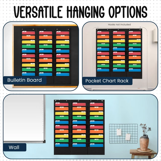 Alt view image 6 of 6 - 30 Pocket File Folder Pocket Chart, Black, 42" W x 47" T Versatile Wall Hanging File Folder Organizer for Classrooms, Offices, Home, and More - Wall Folder Organizer