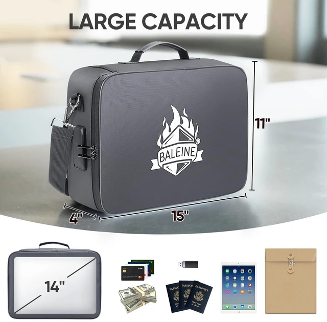 Alt view image 3 of 7 - Fireproof Document Box with Lock, Waterproof Fire Safe File Bag Fire Proof Certified, Waterproof Dual Zippers, Combination Lock, Multi-Compartment Storage, File Organizer for Home Office