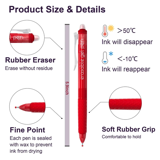 Alt view image 3 of 7 - Erasable Gel Pens, 15 Pack Red Retractable Erasable Pens Clicker, Fine Point, Make Mistakes Disappear, Red Ink for for School & Office
