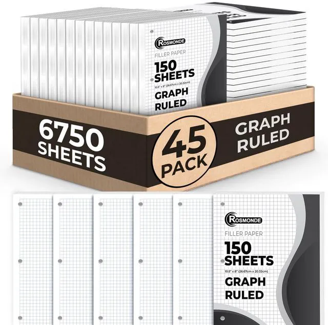 Main image of 45 Pack Graph Paper Bulk, 6750 Sheets, Bulk Loose Leaf Paper Loose Leaf Paper, 8" x 10.5", 3 Hole Punched, Bulk Paper, 4x4 Graphing Paper, Bulk Quad Ruled Paper, Back to School Supplies