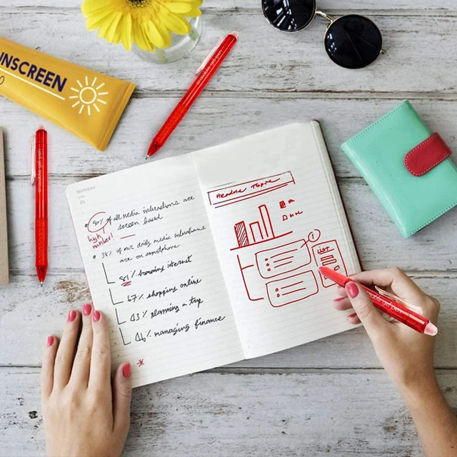 Alt view image 5 of 7 - Erasable Gel Pens, 15 Pack Red Retractable Erasable Pens Clicker, Fine Point, Make Mistakes Disappear, Red Ink for for School & Office