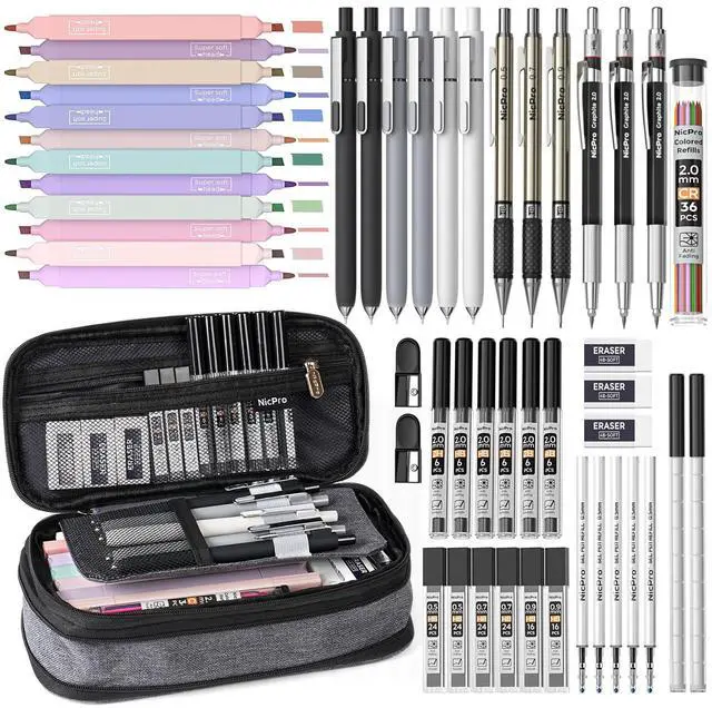 Main image of School Supplies Stationary Set with Pencil Case, 50 PCS Black Back to Schoo Supplies, Pen Case with 12 Highlighter, 5 Gel Pen, 6 Mechanical Pencil, Essentials for College, Nursing Student
