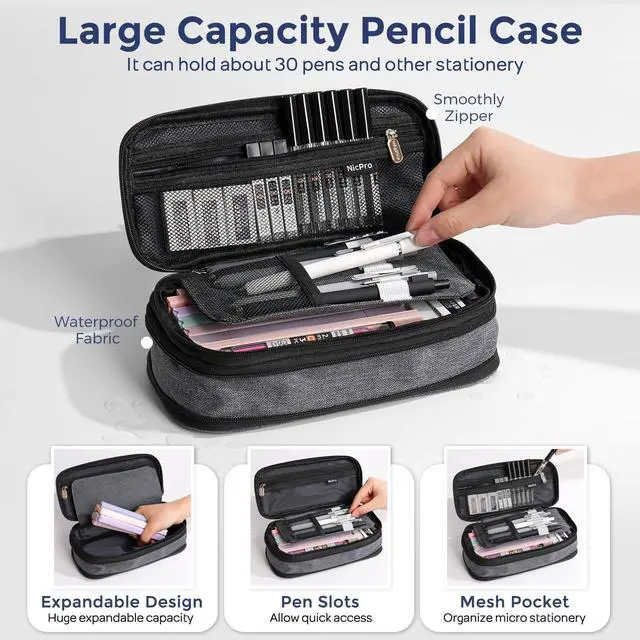Alt view image 3 of 7 - School Supplies Stationary Set with Pencil Case, 50 PCS Black Back to Schoo Supplies, Pen Case with 12 Highlighter, 5 Gel Pen, 6 Mechanical Pencil, Essentials for College, Nursing Student