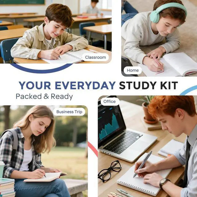 Alt view image 6 of 7 - School Supplies Stationary Set with Pencil Case, 50 PCS Black Back to Schoo Supplies, Pen Case with 12 Highlighter, 5 Gel Pen, 6 Mechanical Pencil, Essentials for College, Nursing Student