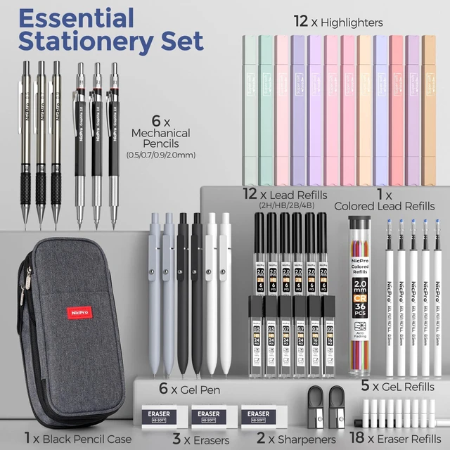 Alt view image 7 of 7 - School Supplies Stationary Set with Pencil Case, 50 PCS Black Back to Schoo Supplies, Pen Case with 12 Highlighter, 5 Gel Pen, 6 Mechanical Pencil, Essentials for College, Nursing Student