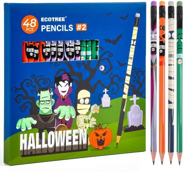 Main image of Halloween Party Favors Pencils #2, Pre-Sharpened HB 48 Count Bulk Trick or Treat Gifts for Kids, Number 2 Pencils, School Classroom Supplies, Latex-Free Eraser, Smooth Writing, Drawing