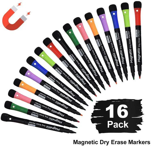 Alt view image 7 of 7 - 16 Pack Magnetic Dry Erase Markers - Fine Tip (8 Colors) Low Odor Whiteboard Markers for Kids & School, for Whiteboard, Calendar, Refrigerator