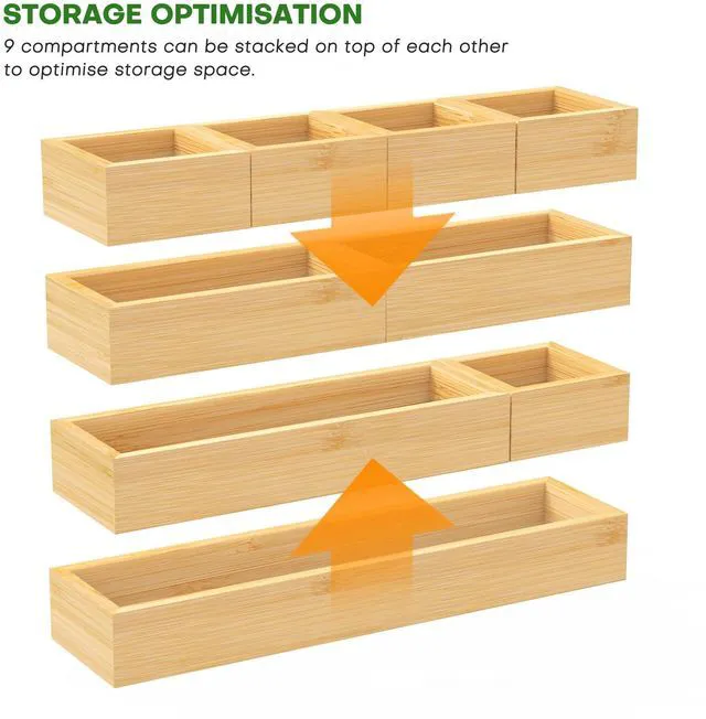Alt view image 2 of 7 - Bamboo Drawer Organizer Set, 9 PCS Wood Storage Organizers Multi-Use Junk Drawer Divider, Storage Trays Containers for Kitchen, Bathroom, Office Desk, Makeup, Jewelry, Utensils