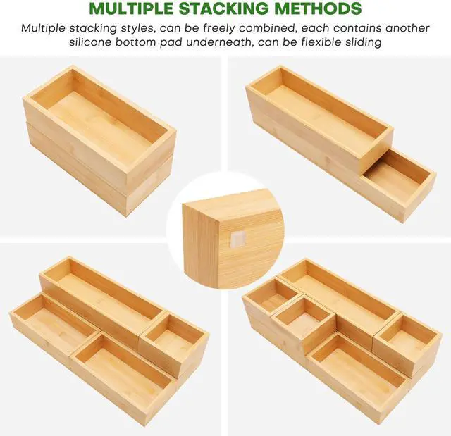 Alt view image 3 of 7 - Bamboo Drawer Organizer Set, 9 PCS Wood Storage Organizers Multi-Use Junk Drawer Divider, Storage Trays Containers for Kitchen, Bathroom, Office Desk, Makeup, Jewelry, Utensils