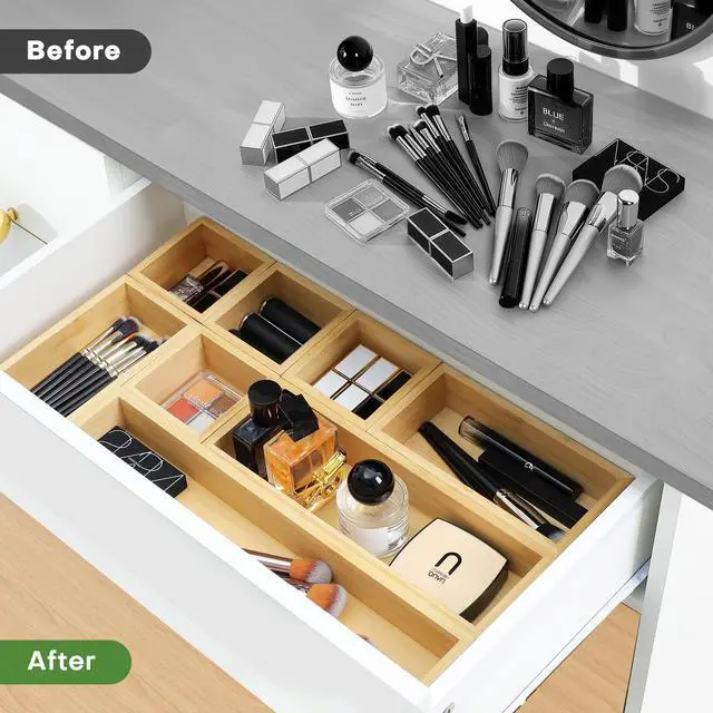 Alt view image 4 of 7 - Bamboo Drawer Organizer Set, 9 PCS Wood Storage Organizers Multi-Use Junk Drawer Divider, Storage Trays Containers for Kitchen, Bathroom, Office Desk, Makeup, Jewelry, Utensils