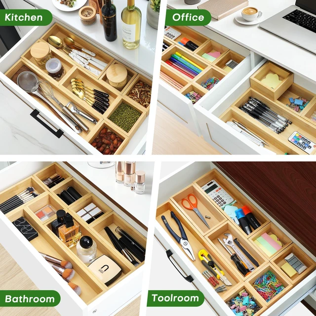 Alt view image 5 of 7 - Bamboo Drawer Organizer Set, 9 PCS Wood Storage Organizers Multi-Use Junk Drawer Divider, Storage Trays Containers for Kitchen, Bathroom, Office Desk, Makeup, Jewelry, Utensils