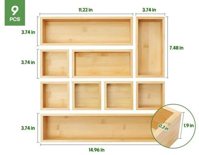 Alt view image 7 of 7 - Bamboo Drawer Organizer Set, 9 PCS Wood Storage Organizers Multi-Use Junk Drawer Divider, Storage Trays Containers for Kitchen, Bathroom, Office Desk, Makeup, Jewelry, Utensils