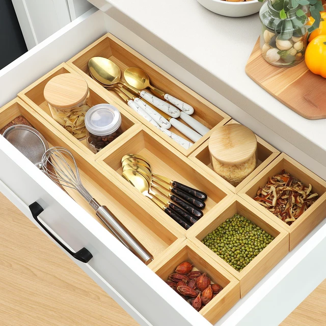Alt view image 6 of 7 - Bamboo Drawer Organizer Set, 9 PCS Wood Storage Organizers Multi-Use Junk Drawer Divider, Storage Trays Containers for Kitchen, Bathroom, Office Desk, Makeup, Jewelry, Utensils