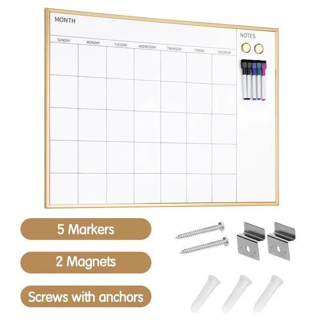 Alt view image 6 of 6 - Monthly Calendar Whiteboard, 30" x 20" Gold Wooden Frame Magnetic Dry Erase Calendar with 2 Magnets & 5 Whiteboard Pens, Monthly Calendar Whiteboard for Office School Home