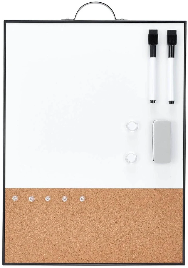 Main image of Small Whiteboard Cork-Board - 16" X 12" Portable Aluminum Black Framed Magnetic Dry Erase Board, Small Bulletin Cork Board with Holder for Office, Home and School