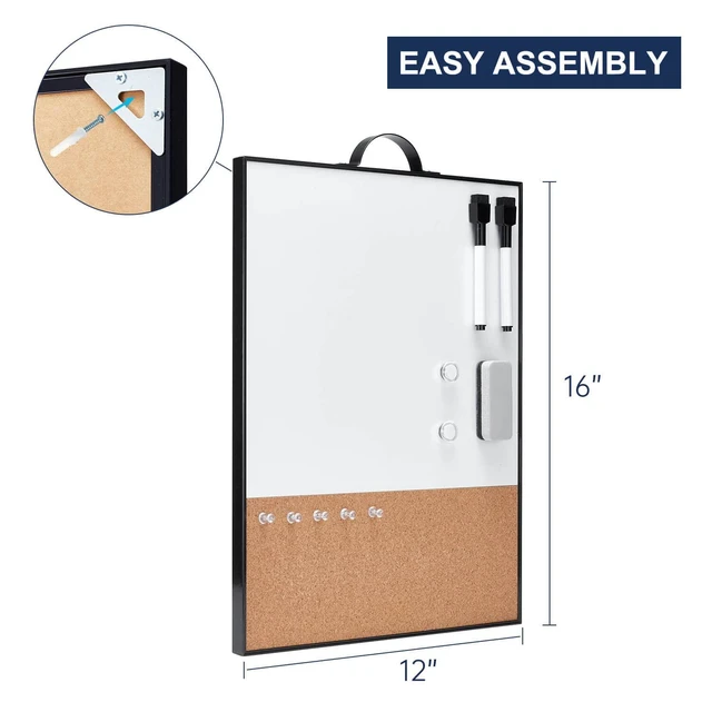 Alt view image 4 of 7 - Small Whiteboard Cork-Board - 16" X 12" Portable Aluminum Black Framed Magnetic Dry Erase Board, Small Bulletin Cork Board with Holder for Office, Home and School