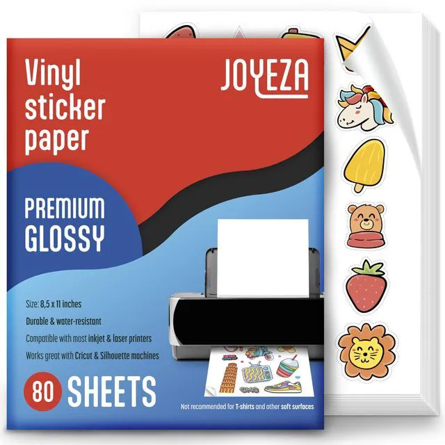 Main image of Premium Printable Vinyl Sticker Paper for Inkjet Printer - 80 Sheets Glossy White Waterproof, Dries Quickly Vivid Colors, Holds Ink well - Inkjet & Laser Printer