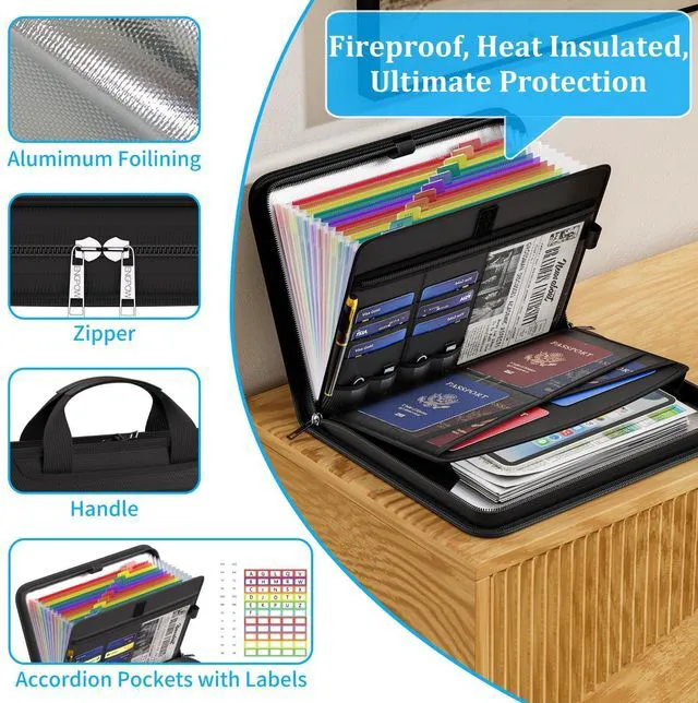 Alt view image 4 of 7 - Accordion File Organizer, Fireproof 5200°F Expanding File Folder with 13 Pockets Document Organizer with Handle & Labels, Portable Home Office Travel Safe Storage for Letter A4 Files, Black