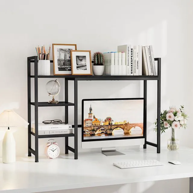 Alt view image 2 of 7 - Desk Shelf, 38.6" Desk Hutch for Computer Monitor, Desktop Organizer Shelf, 4 Tier Desk Display Rack, Wood Desktop Bookshelf Storage Rack for Home Office Dorm, Black