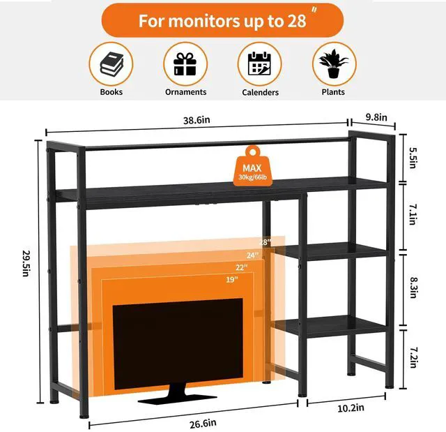 Alt view image 3 of 7 - Desk Shelf, 38.6" Desk Hutch for Computer Monitor, Desktop Organizer Shelf, 4 Tier Desk Display Rack, Wood Desktop Bookshelf Storage Rack for Home Office Dorm, Black