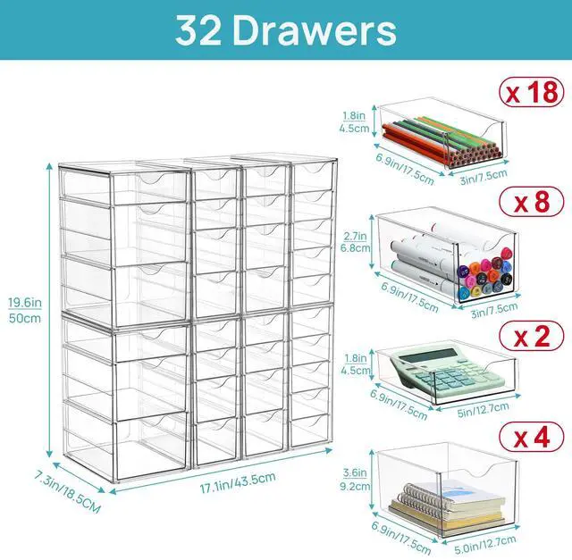 Alt view image 2 of 3 - Acrylic Desk Organizer with 32 Drawers for Office, Makeup, Crafts Clear Storage Drawers for Office Supplies, Desktop Organization for Makeup, Jewelry, Art Crafts, Bead, Pen, Stationary