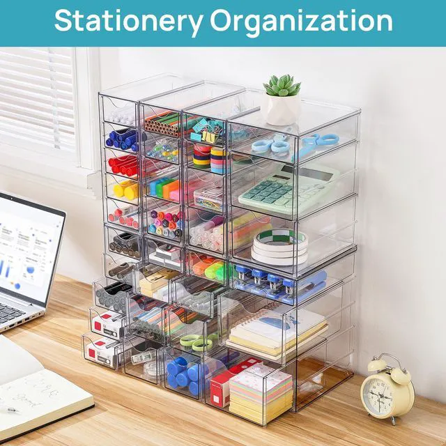 Alt view image 3 of 3 - Acrylic Desk Organizer with 32 Drawers for Office, Makeup, Crafts Clear Storage Drawers for Office Supplies, Desktop Organization for Makeup, Jewelry, Art Crafts, Bead, Pen, Stationary