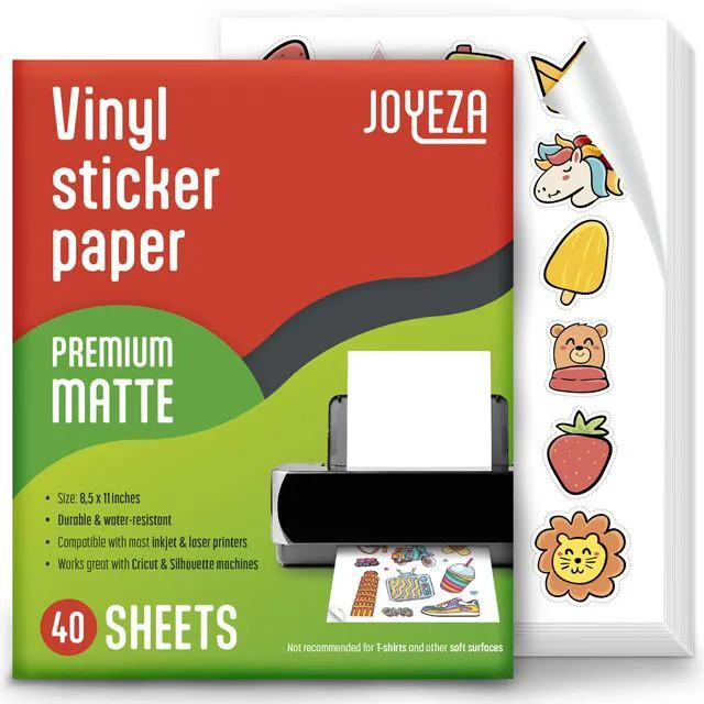 Main image of Premium Printable Vinyl Sticker Paper for Inkjet Printer - 40 Sheets Matte White Waterproof, Dries Quickly Vivid Colors, Holds Ink Well- Tear Resistant - Inkjet & Laser Printer