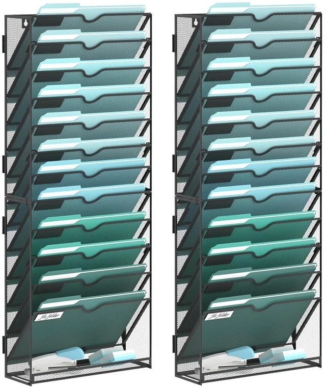 Main image of 13-Tier Wall File Organizer, Wall Mounted Mail Sorter, 2 Pack Metal Mesh Hanging File Organizer with Open Compartments and Label Panels for Papers and Folders at Home, Office or School