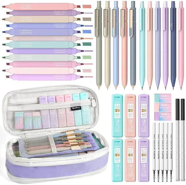 Main image of School Supplies Stationary Set with Pencil Case, 39 PCS Purple Back to Schoo Supplies, Pen Case with 12 Highlighter, 5 Gel Pen, 6 Mechanical Pencil, Essentials for College, Nursing Student