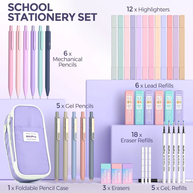 Alt view image 7 of 7 - School Supplies Stationary Set with Pencil Case, 39 PCS Purple Back to Schoo Supplies, Pen Case with 12 Highlighter, 5 Gel Pen, 6 Mechanical Pencil, Essentials for College, Nursing Student