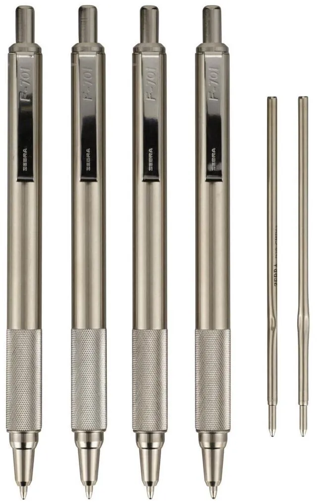 Main image of STEEL F-701 Retractable Ballpoint Pen, Black Ink, 0.8mm, 4-Pack Built for Tactical / EDC Use, Stainless Steel, Knurled Grip, Heavy-Duty Construction, Fine Point Tip, Plus Refills (50113)