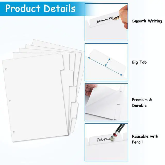 Alt view image 3 of 7 - Binder Dividers for 3 Ring Binder, 1/5 Cut Tabs, Letter Size Blank Dividers Write On Page with 5 Big Tabs for School Office Home, 8 Sets, 40 Dividers, White