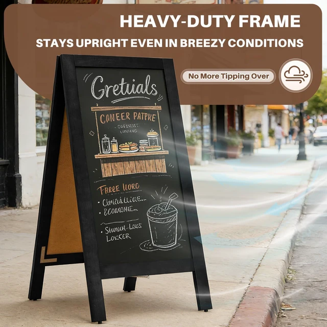 Alt view image 3 of 7 - Heavy Duty A-Frame Magnetic Chalkboard 40"x20", Black 0.8" Thickened Solid Pine Wood, Sandwich Board, Sturdy Windproof Standing Sign, For Outdoor Restaurants, Cafes, Weddings