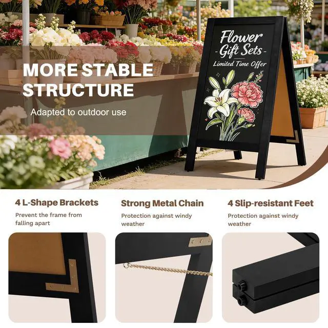 Alt view image 4 of 7 - Heavy Duty A-Frame Magnetic Chalkboard 40"x20", Black 0.8" Thickened Solid Pine Wood, Sandwich Board, Sturdy Windproof Standing Sign, For Outdoor Restaurants, Cafes, Weddings