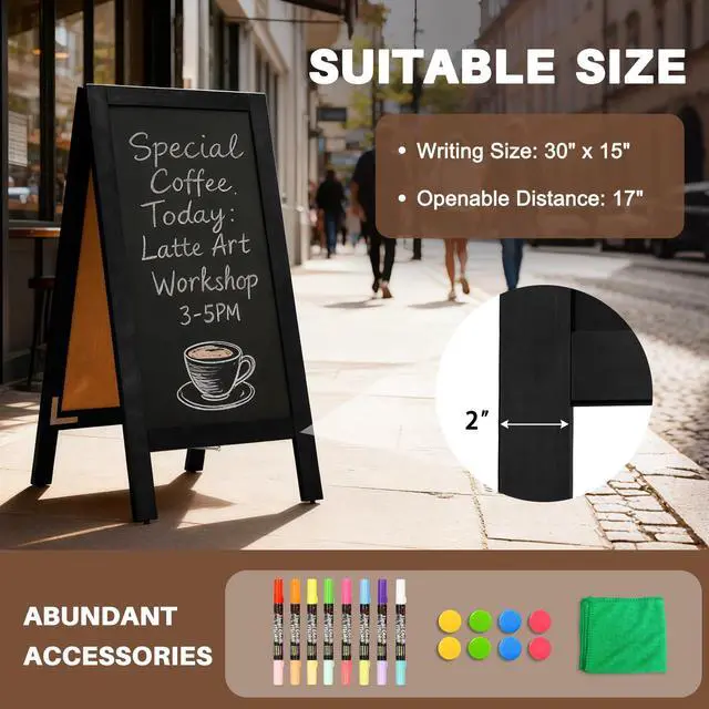 Alt view image 5 of 7 - Heavy Duty A-Frame Magnetic Chalkboard 40"x20", Black 0.8" Thickened Solid Pine Wood, Sandwich Board, Sturdy Windproof Standing Sign, For Outdoor Restaurants, Cafes, Weddings
